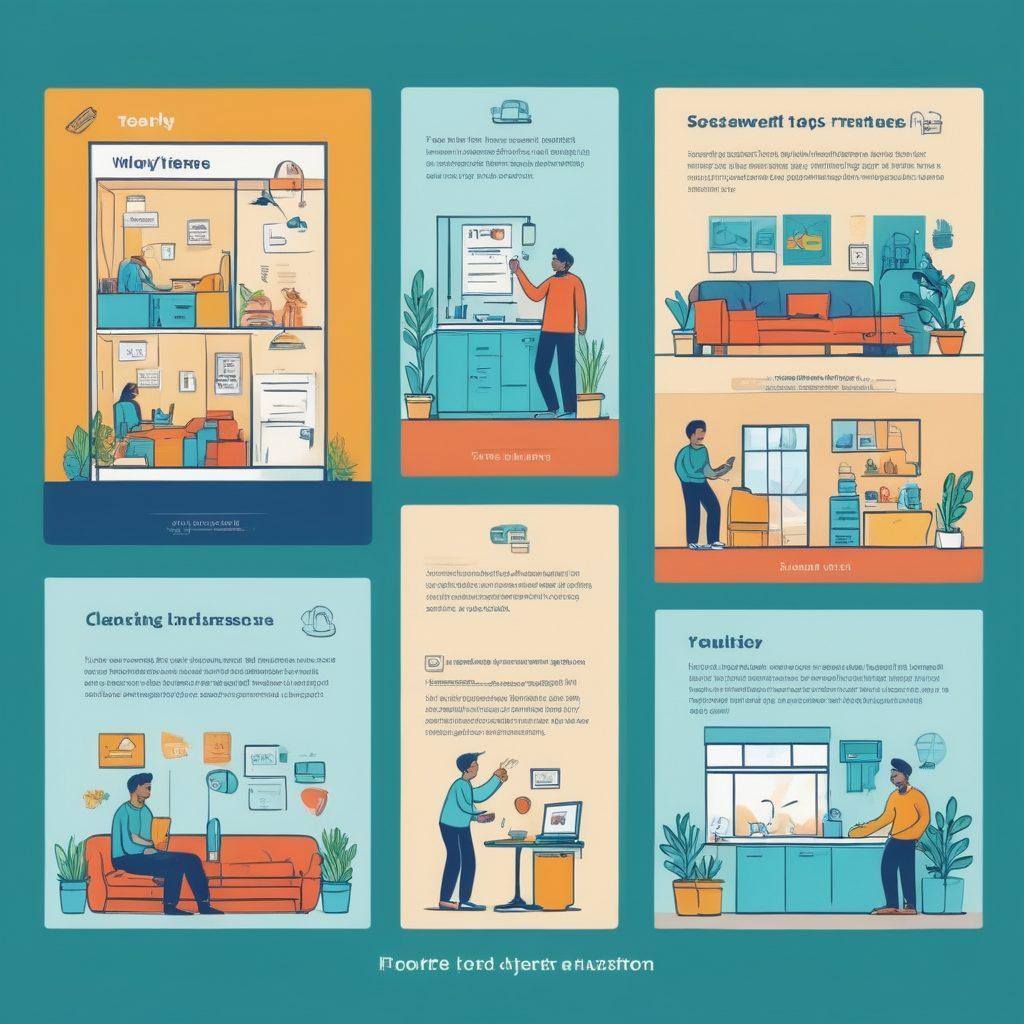 A split screen illustration showing a happy tenant on one side, interacting with a friendly landlord in a well-maintained apartment, while on the other side, a detailed checklist of tenant rights and maintenance tips floats in the air. Include colorful icons representing tools, safety, and communication. Use a warm, inviting color palette and a clean, modern design style. super-realistic. vibrant colors.