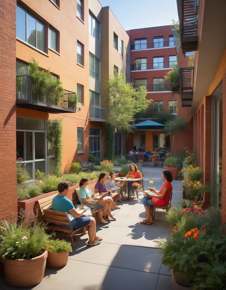 A vibrant scene depicting a diverse group of neighbors engaging in various activities within an apartment complex courtyard, showcasing community gardens, children playing, and residents sharing resources like books and tools. Include elements of greenery, colorful flowers, and cozy seating areas to enhance a sense of togetherness and support. The atmosphere should feel warm and inviting, emphasizing connections and cooperation among residents. super-realistic. vibrant colors. sunny day.