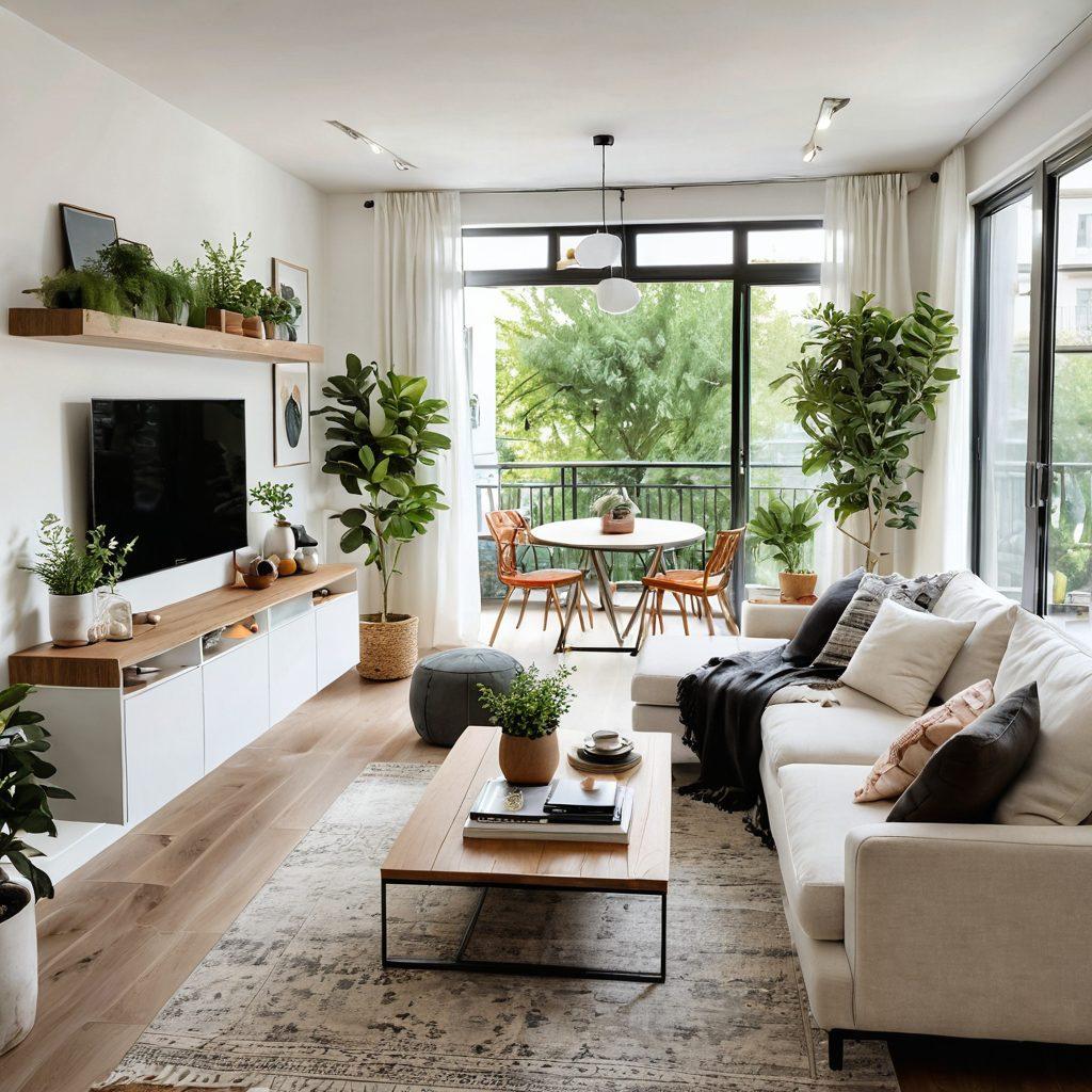 A stylish, modern apartment interior showcasing expert home design tips, featuring a cozy living room with elegant furniture, vibrant greenery, artful decor, and efficient maintenance tools subtly integrated. A balcony view with a community garden visible, highlighting the importance of community living. The lighting should be warm and inviting to create a sense of home. super-realistic. vibrant colors. white background.